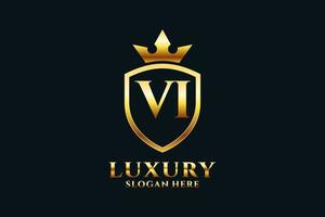 inicial vi logotipo de monograma de luxo elegante ou modelo de crachá com pergaminhos e coroa real - perfeito para projetos de marca luxuosos vetor