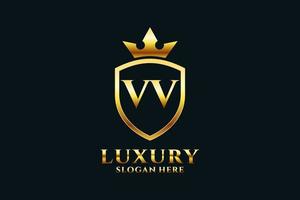 inicial vv logotipo de monograma de luxo elegante ou modelo de crachá com pergaminhos e coroa real - perfeito para projetos de marca luxuosos vetor