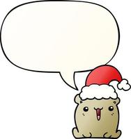 urso bonito dos desenhos animados e chapéu de natal e bolha de fala em estilo gradiente suave vetor