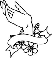 tatuagem de linha preta tradicional com banner de uma mão vetor
