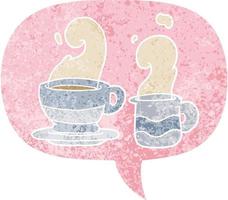 xícara de café e balão de desenho animado em estilo retrô texturizado vetor
