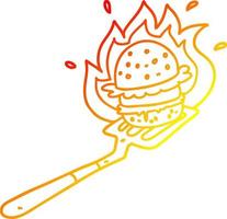 Hambúrguer flamejante de desenho de desenho de linha de gradiente quente na espátula vetor