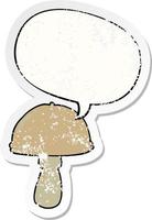 adesivo em apuros de cogumelo de desenho animado e bolha de fala vetor