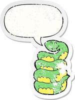 adesivo angustiado de cobra de desenho animado e bolha de fala vetor