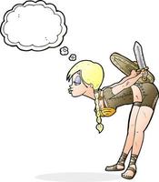 garota viking dos desenhos animados curvando-se com balão de pensamento vetor