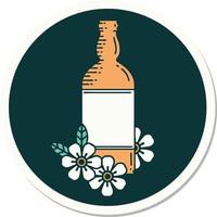 adesivo de tatuagem em estilo tradicional de uma garrafa de rum e flores vetor