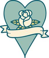 imagem de estilo de tatuagem icônica de uma rosa de coração e banner vetor