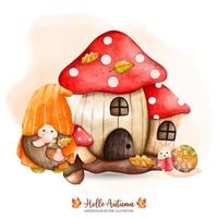 gnomo de outono com casa de cogumelo, gnomo de outono, decoração de outono, cogumelo de ilustração vetorial aquarela vetor