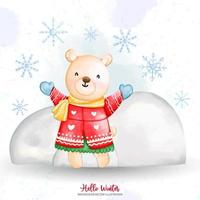 lindo urso de natal em aquarela em roupas de inverno com cristal de neve, ilustração em aquarela vetor