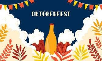 fundo da oktoberfest. banner de evento do festival de cerveja oktoberfest. caneca e garrafa de cerveja vetor