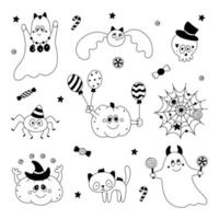 conjunto de elementos de design de halloween doodle fofo infantil abóbora fantasma gato morcego teia de aranha crânio vetor
