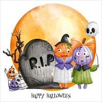 lápide de lua cheia, crianças de abóbora de halloween, feliz dia das bruxas, ilustração vetorial aquarela vetor