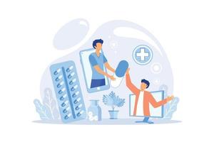 médica on-line. medicina de consulta e prescrição, médico profissional conectando e dando uma consulta para um paciente, conceito de telemedicina vetor
