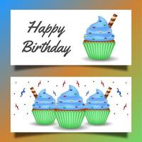 cartão de feliz aniversário e banner com bolo e fita em fundo branco vetor