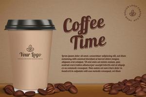 modelo de plano de fundo de anúncios de hora do café estilo retrô com café realista para viagem e grãos de café na mesa de madeira 3d vetor