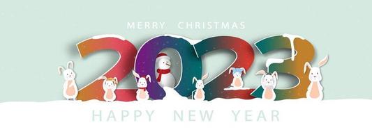 feliz ano novo e feliz natal 2023 com coelho fofo, papel de homem de neve cortado em fundo verde. design vetorial com tendências de cores para desejos de cartão de felicitações, modelo de design de folheto, cartão, banner vetor