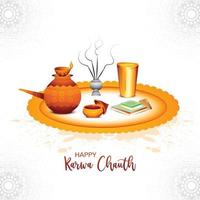 feliz karwa chauth com puja thali decorado de fundo de cartão vetor