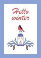 cartão postal inverno com ramos de dom-fafe, lanterna e abeto. ilustração vetorial vetor