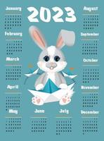 calendário 2023 com símbolo do ano lebre ou coelho. lebre ou coelho bonitinho no estilo cartoon. semana começa no domingo.