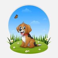 cachorro feliz dos desenhos animados na grama vetor