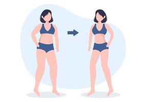 modelo de perda de peso ilustração plana de desenhos animados desenhados à mão de pessoas com excesso de peso fazendo exercícios, treinando e planejando dieta para um corpo magro