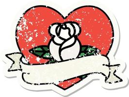tatuagem de adesivo angustiado em estilo tradicional de uma rosa de coração e banner vetor
