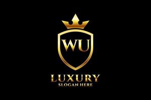 logotipo de monograma de luxo elegante inicial wu ou modelo de crachá com pergaminhos e coroa real - perfeito para projetos de marca luxuosos vetor