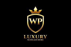 logotipo de monograma de luxo elegante inicial wp ou modelo de crachá com pergaminhos e coroa real - perfeito para projetos de marca luxuosos vetor