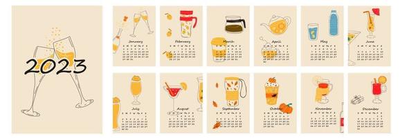 Design de calendário 2023 com bebidas diferentes para diferentes estações. estilo minimalista de planejador de calendário desenhado à mão, organizador anual. ilustração vetorial. vetor