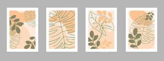 conjunto de cartazes com formas abstratas e folhas tropicais. vetor