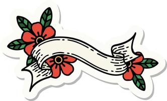 adesivo de tatuagem em estilo tradicional de um banner e flores vetor