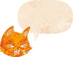 cuspindo cara de gato de desenho animado e bolha de fala em estilo retrô-texturizado vetor