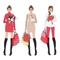 mulheres bonitas na coleção de compras de fantasia de natal de inverno vermelho vetor