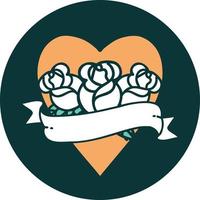 imagem de estilo de tatuagem icônica de um coração e banner com flores vetor