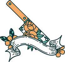 tatuagem tradicional com bandeira de um cutelo e flores vetor