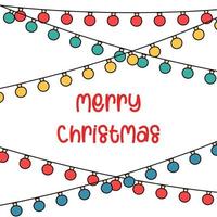 cartão bonito de natal. guirlandas de lâmpadas penduradas e texto feliz natal. ilustração vetorial de doodle engraçado vetor
