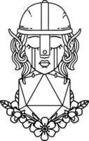 personagem de lutador de elfo triste estilo de trabalho de linha de tatuagem preto e branco com um rolo natural de um d20 vetor