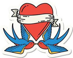 adesivo de tatuagem em estilo tradicional de andorinhas e um coração com banner vetor