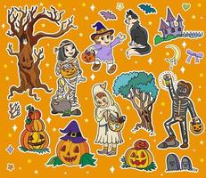 crianças de halloween e elementos adesivo conjunto laranja ilustração vetorial vetor