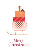 cartão de feliz natal. ilustração vetorial em estilo minimalista. presentes de cartão de natal em trenós vetor