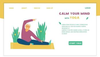 yoga para modelo de site vetorial de idosos. velhinha sorridente em pose de ioga de árvore no tapete de ioga cercado de plantas. projeto plano. vetor