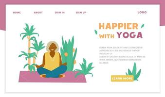 yoga para modelo de site vetorial de idosos. velhinha afro-americana sorridente meditando no tapete de ioga cercado de plantas. projeto plano. vetor