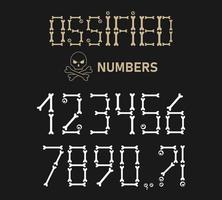 números 0, 1, 2, 3, 4, 5, 6, 7, 8, 9 feitos de ossos para o dia das bruxas, design de feriados dia de los muertos. conjunto com ponto de interrogação, ponto de exclamação, vírgula. símbolos brancos sobre fundo preto. vetor