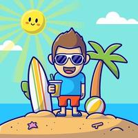 menino bonito na praia em ilustração de ícone de vetor dos desenhos animados de dia de verão. pessoas férias ícone conceito isolado vetor premium. estilo de desenho animado plano