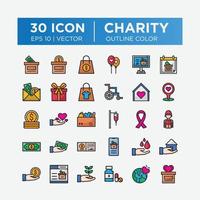 conjunto de ícones de cores de contorno sobre caridade e doação. contém ícones como caridade, doação, doação, doação de alimentos, trabalho em equipe, alívio. vetor editável