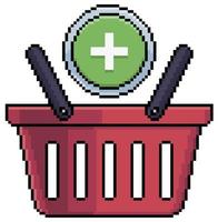 cesta de compras de pixel art com ícone de vetor de adicionar ícone para jogo de 8 bits em fundo branco