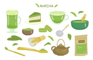 Conjunto de vetores de chá e sobremesas matcha. copo de vidro com matcha, chá em pó, colher de bambu, batedor, tigela de cerâmica, peneira, bule de chá, biscoitos, bolo, macarons.