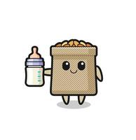 personagem de desenho animado de saco de trigo bebê com garrafa de leite vetor
