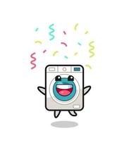 mascote de máquina de lavar feliz pulando de parabéns com confete de cor vetor