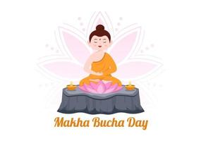 feliz makha bucha day template ilustração plana de desenho animado desenhado à mão buda sentado na flor de lótus sob a árvore bodhi à noite cercado por monge vetor